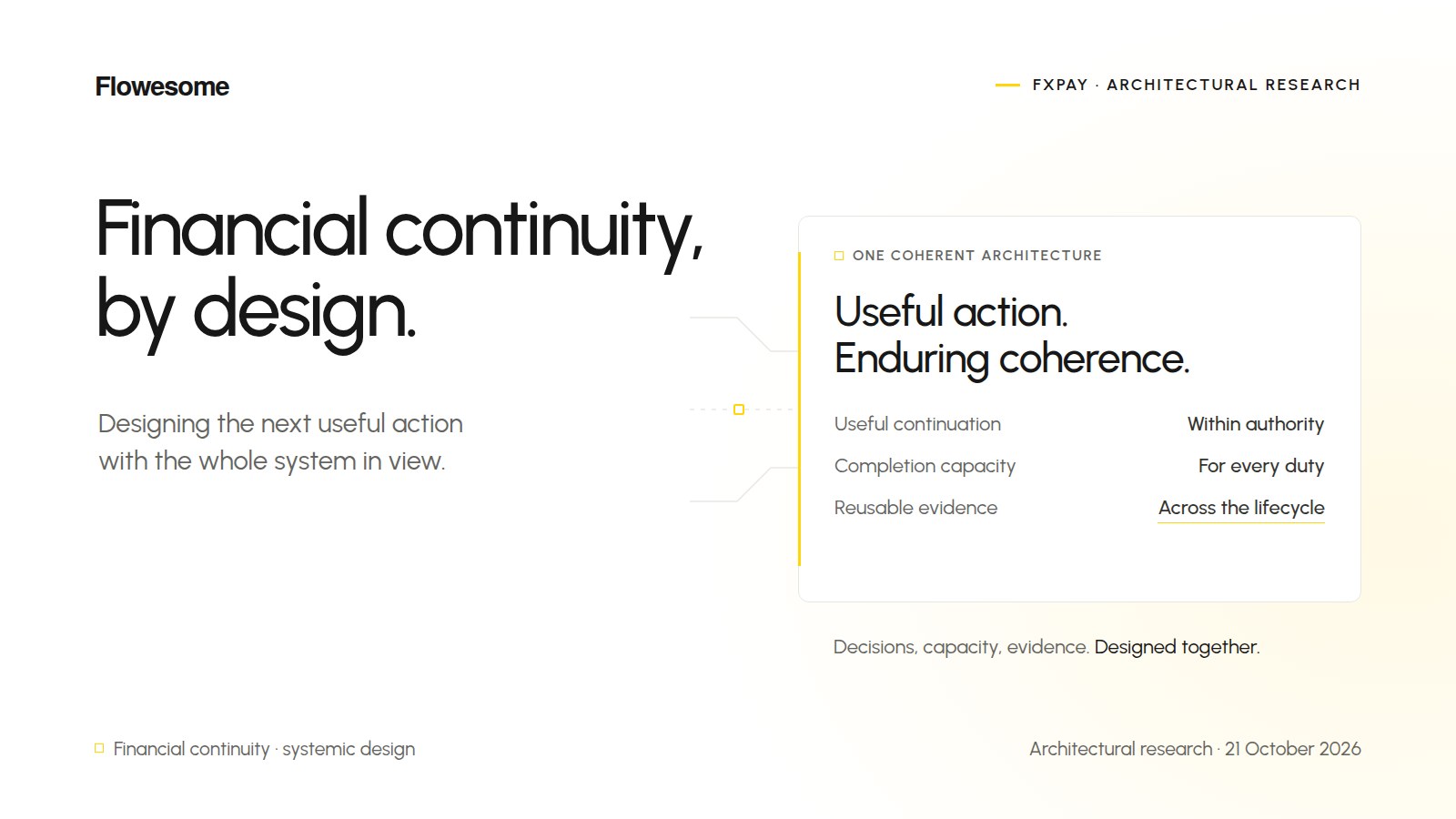 A payment-continuity composition connects the next justified action with financial exposure, lasting duties and reusable evidence.